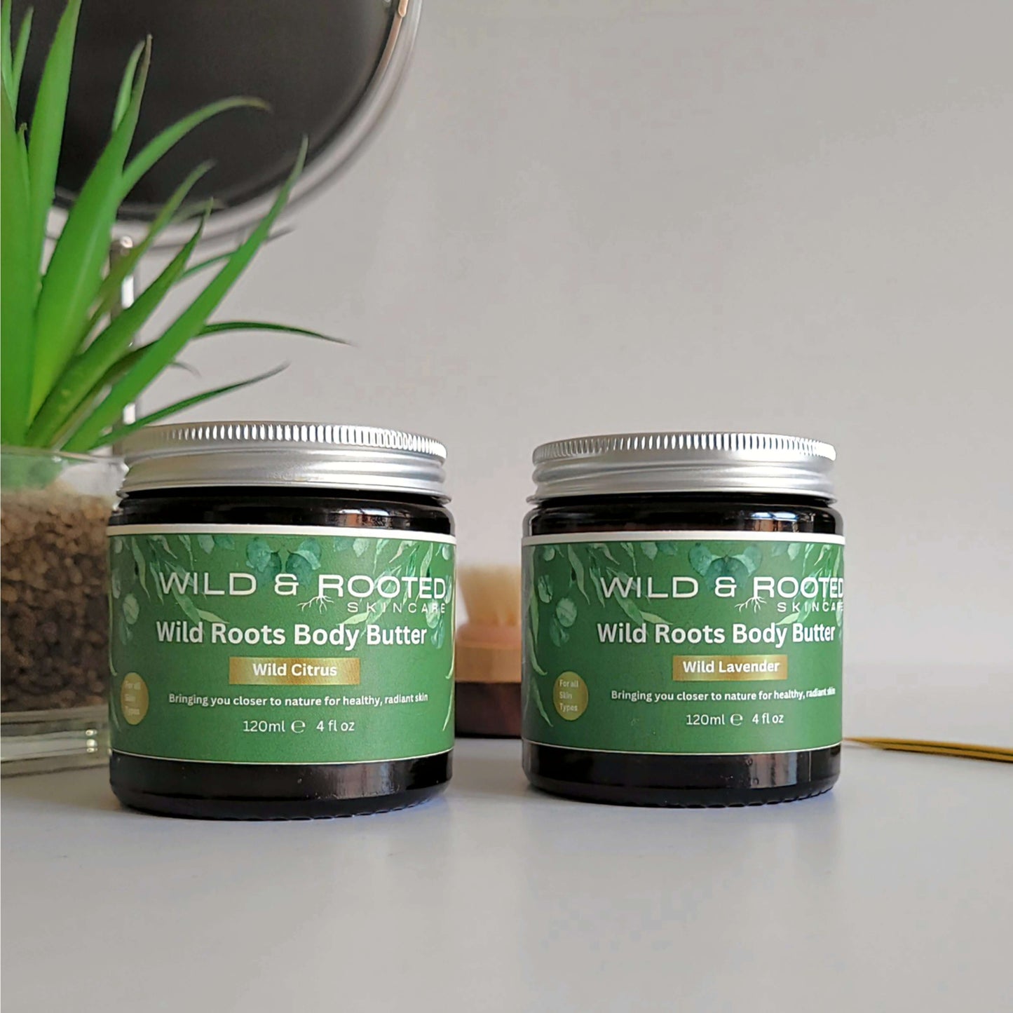 2 jars of Wild Roots body butter with a small mirror and plant in the background
